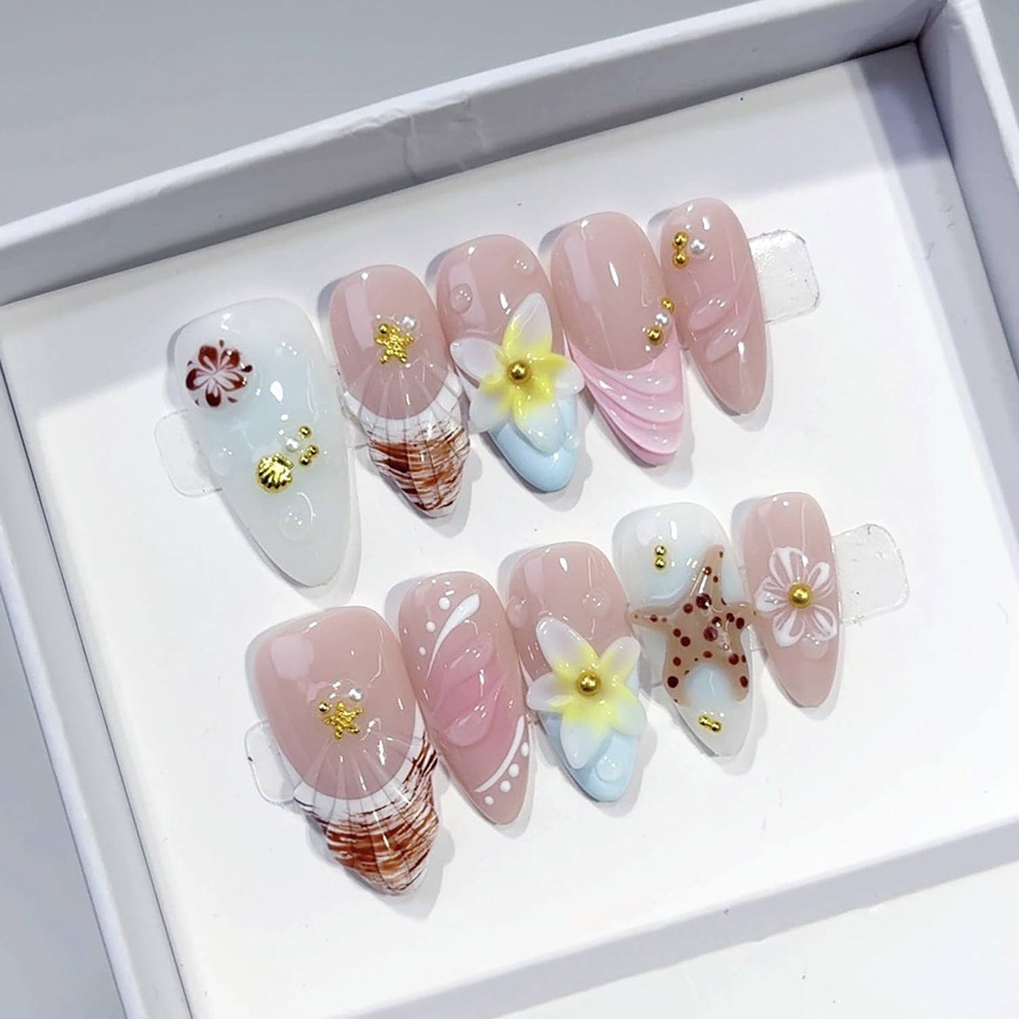 Spring Handmade Nails Almond French Press on Nails with Flower Starfish Design Gloss Fake Nail Full Cover Artificial Acrylic Stick on Nails for Women Girls Manicure DIY （S）