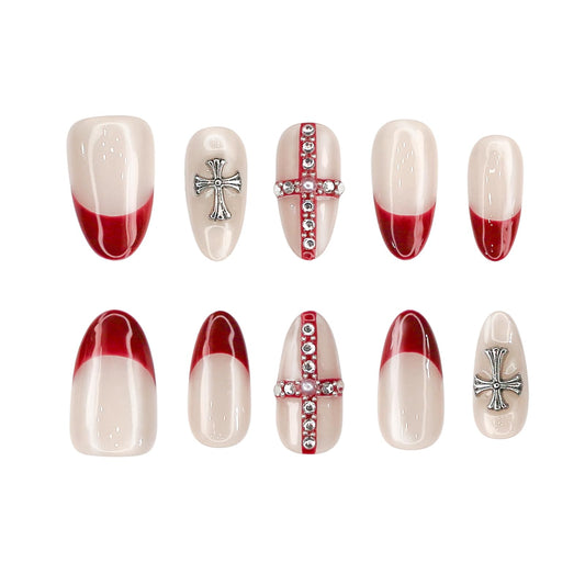 Yacey Handmade Press on Nails Short Almond, Reusable False Nails Press Ons, Red French Tip Thick Acrylic Fake Nails, Gothic 3D Cross Artificial Bling Glossy Glue on Nails for Women Girls (10 Pcs, M)