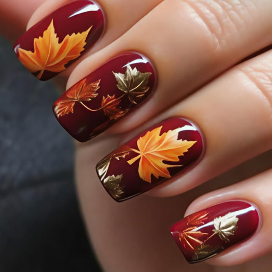 Fall Wine Press on Nails Short Maple Leaf Fake Nails Winter Square Acrylic Nails Press ons Autumn Full Cover Glue on Nails Artificial Reusable Gradient Stick on Nails for Women Nail Art Kit 24Pcs