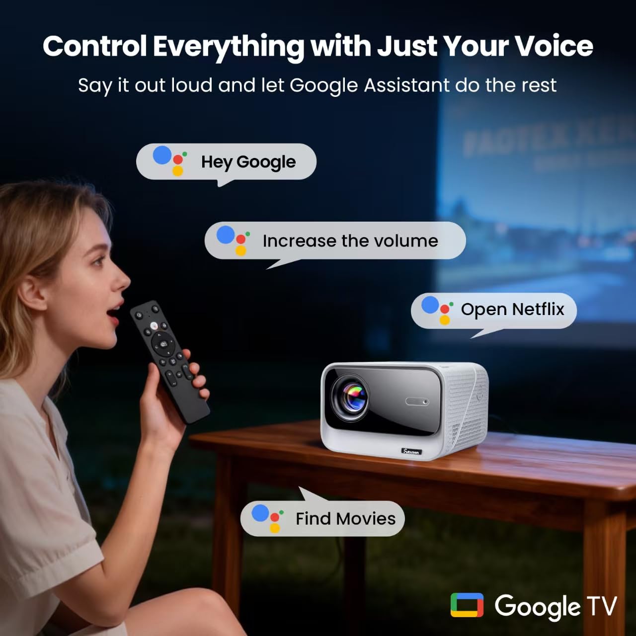[Official Google TV]Smart Projector 4K Supported with WiFi & Bluetooth, Outdoor Movie Projector with Auto Focus, Home Theater Proyector with 1000+ Apps Portable Gaming Proyector for Bedroom/Celling