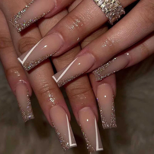 DANMANR Long Press on Nails Square French Fake Nails Full Cover Nude Acrylic False Nails for Women and Girls 24PCS (Bling Multicolor)