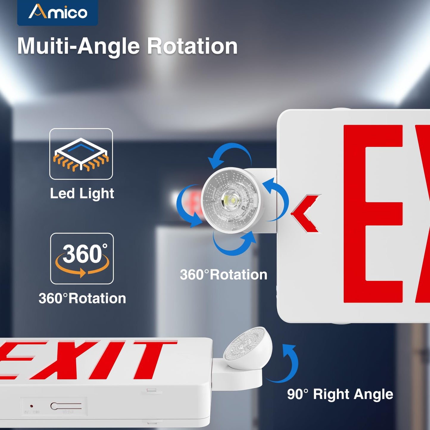 Amico 12 Pack Red Exit Signs with Emergency Lights, Commercial Grade, 94V-0 Fire Resistant Housing, Two LED Adjustable Head, Emergency Exit Sign with Lights Battery Backup, ETL Certified, AC 120/277V