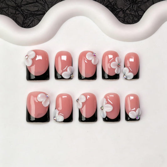 White Flower Press on Nails Handmade Black French Tip Fake Nails with Designs 3D Floral & Rhinestone Accents Short Square Handmade Salon Quality Thick Acrylic Nail Stick on Nails for Women (M）