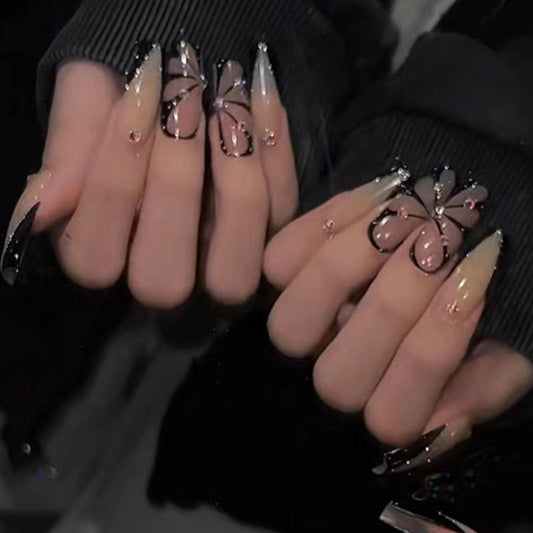 YoYoee Diamond Inlaid Manicure Press on Nails Long Coffin Fake Nails French False Nails Acrylics Full Cover Black Nails Tips for Women and Girls 24PCS