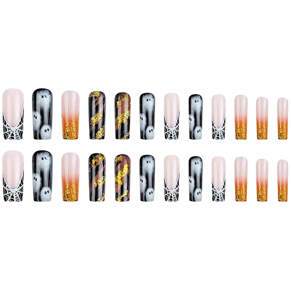Halloween Press on Nails Long Square Fake Nails Cute White Ghost False Nails with Designs Spider Web Glue on Nails Long Coffin Acrylic Nail Glitter French Tip Glossy Stick on Nail for Women 24 Pcs