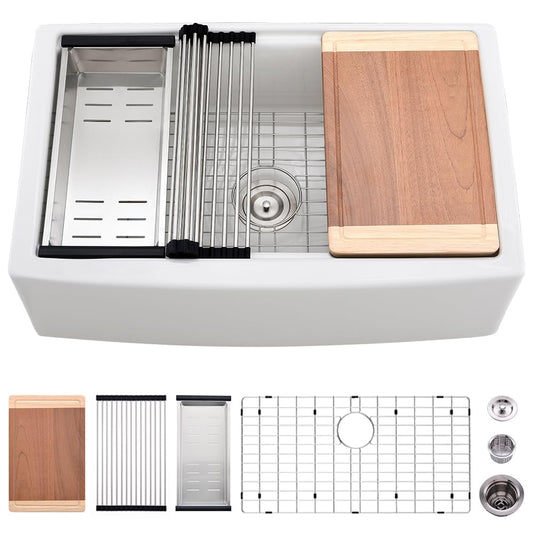 33 Inch White Farmhouse Sink Workstation-VASOYO 33 x 21 Apron Front Farm Sink White Fireclay Farmhouse Kitchen Sinks Workstation Single Bowl Deep Kitchen Sinks Undermount with Cutting Board