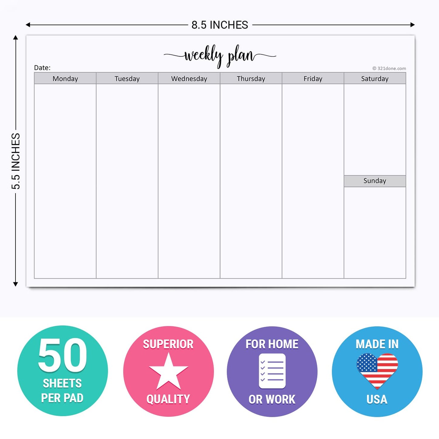 321Done Weekly Planning Notepad Landscape - 50 Sheets (8.5" x 5.5") - Horizontal Weekly Days of Week Paper Note Pad, Planner Organizing - Made in USA - Simple Script