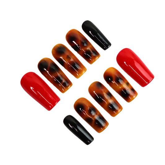 Tortoise Luxe Press-On Nails Medium Square | Handmade Tortoiseshell Red and Black Nails | Reusable False Nails | Elegant Custom Nail Set (Tortoise Luxe Red, S Medium Square)