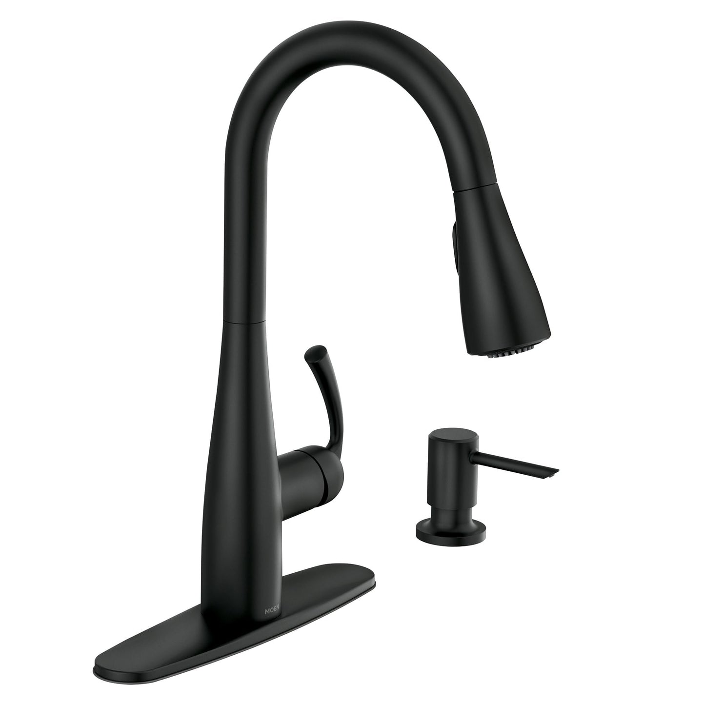Moen Essie Matte Black Single Handle Pull-Down Sprayer Kitchen Faucet with Soap Dispenser, Reflex and Power Clean Technology, 87014BL