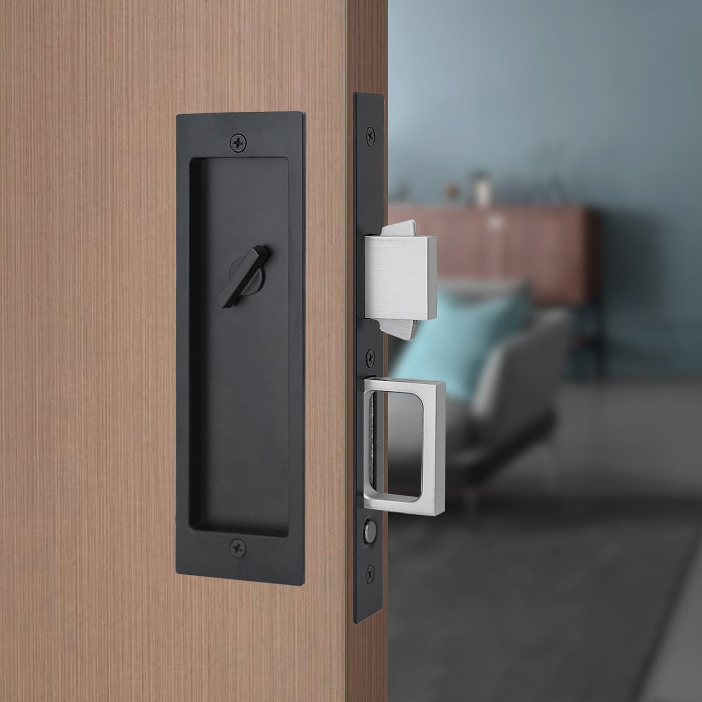 youthua Modern Pocket Door Hardware Set - Privacy Lock with Finger Flush Pulls & Soft Close, for Sliding Barn Doors, Pocket Doors, Bedroom (Black, Privacy Lock)