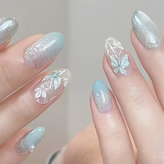 Glitter Press On Nails Medium Almond Fake Nails Press Ons With Butterfly Design Light Blue Acrylic Nails White Flower Pearl False Nails Glue On Nails For Women