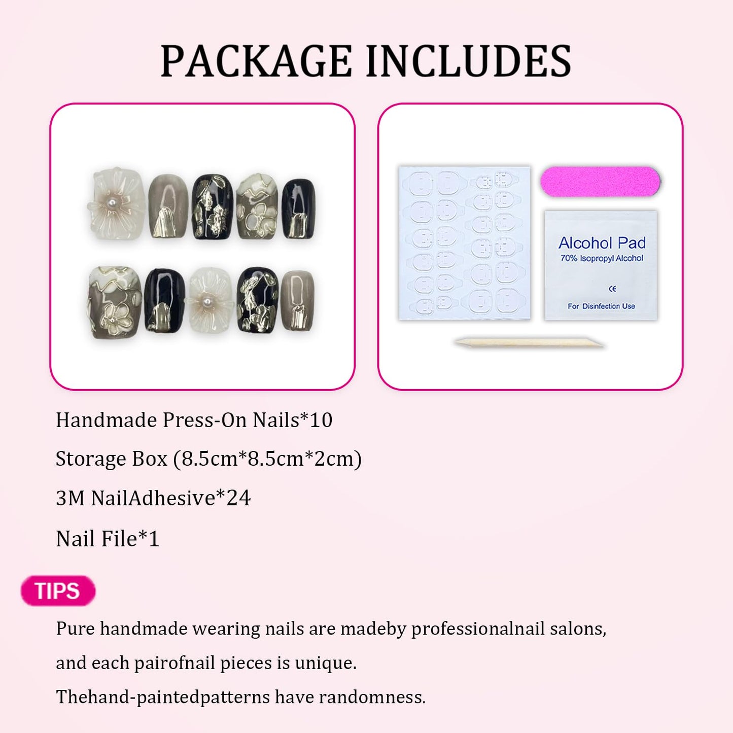 Square Press on Nails Full Cover Fake Nails with White Flower Handmade Press on Nails Short Black False Nails Embossed Silver Floral Acrylic Nails Thick Stick on Nails for Women Nail Art DIY（S)