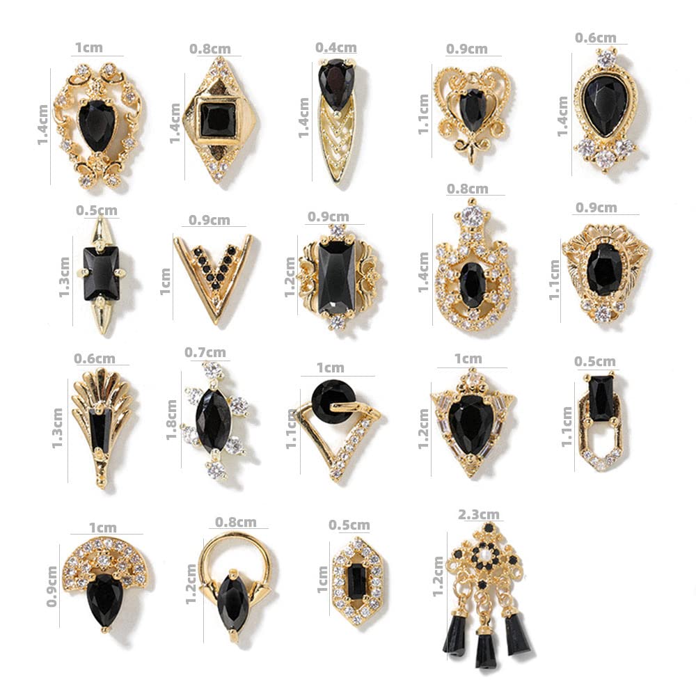 HNUIX Nail Charms and Gems - Gold Copper Zircon, Multiple Shapes, Metal BlackJewelry Rhinestones Charms, 18 Pieces