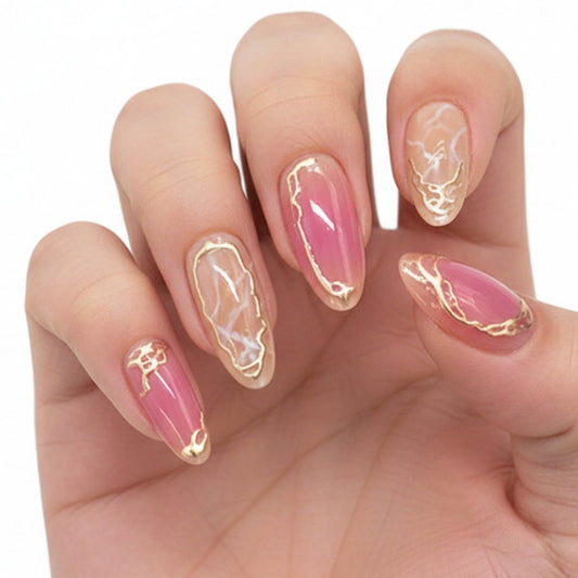 DANMANR Short Press on Nails Almond Fake Nails Full Cover Nude Acrylic False Nails for Women and Girls24PCS (Gradient Marble Nails)