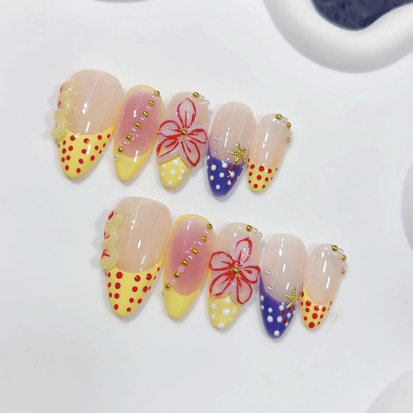Almond French Handmade Nails with Flower Polka Dot Design Nude Medium Press on Nails Full Cover Detachable Artificial Acrylic Fake Nail for Women Girls Manicure DIY 10 Pcs （S）