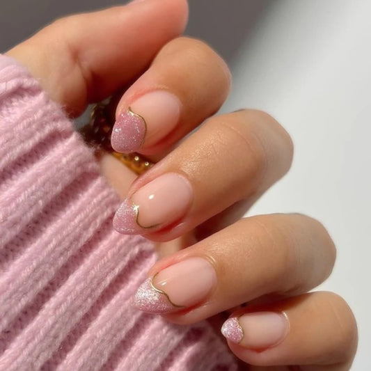Taoyisent 24PCS Pink Cat Eye French Tip Press on Nails, Short Almond Glitter Fake Nails with Gold Line Design, Glossy Nude Full Cover Acrylic Nails Reusable Stick on Nails for Women