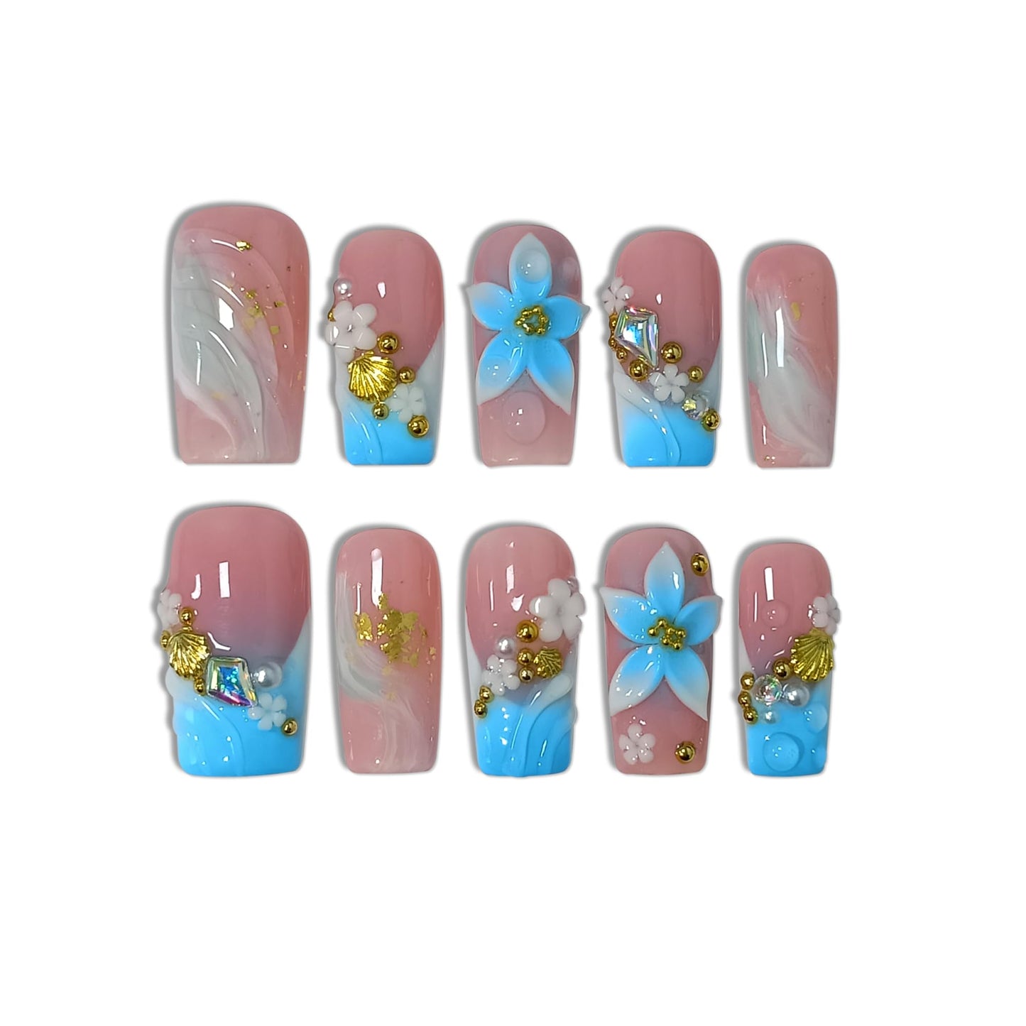 TENPAL Squoval Press on Nails - Blue Pink Ombre with 3D Floral Shell Relief | Reusable Icy Glossy Fake Nails with Tools | Everyday Elegant French Ocean Sky Blue Glue on Nails for Women Girls(S）