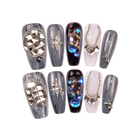 LIFOOST Long Coffin Press on Nails Handmade False Nails with Full Diamond Designs, Grey Y2k Luxury Reusable Fake Nails Stick on Nail, Size Small