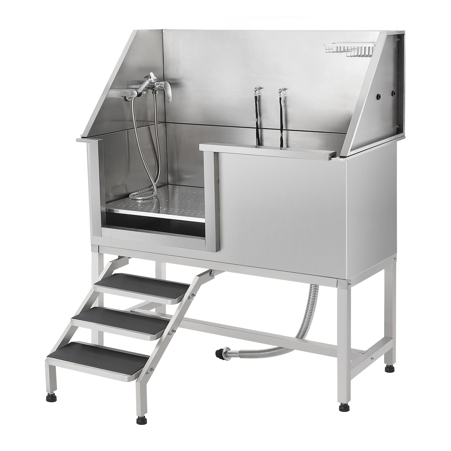Patikuin Professional Stainless Steel Dog Grooming Bath Tub – Slide-in Ramp, Non-Slip Grate, Adjustable Height, Shower, Soap Box, Faucet – for Small, Medium & Large Breeds – Polishing Process Silver,