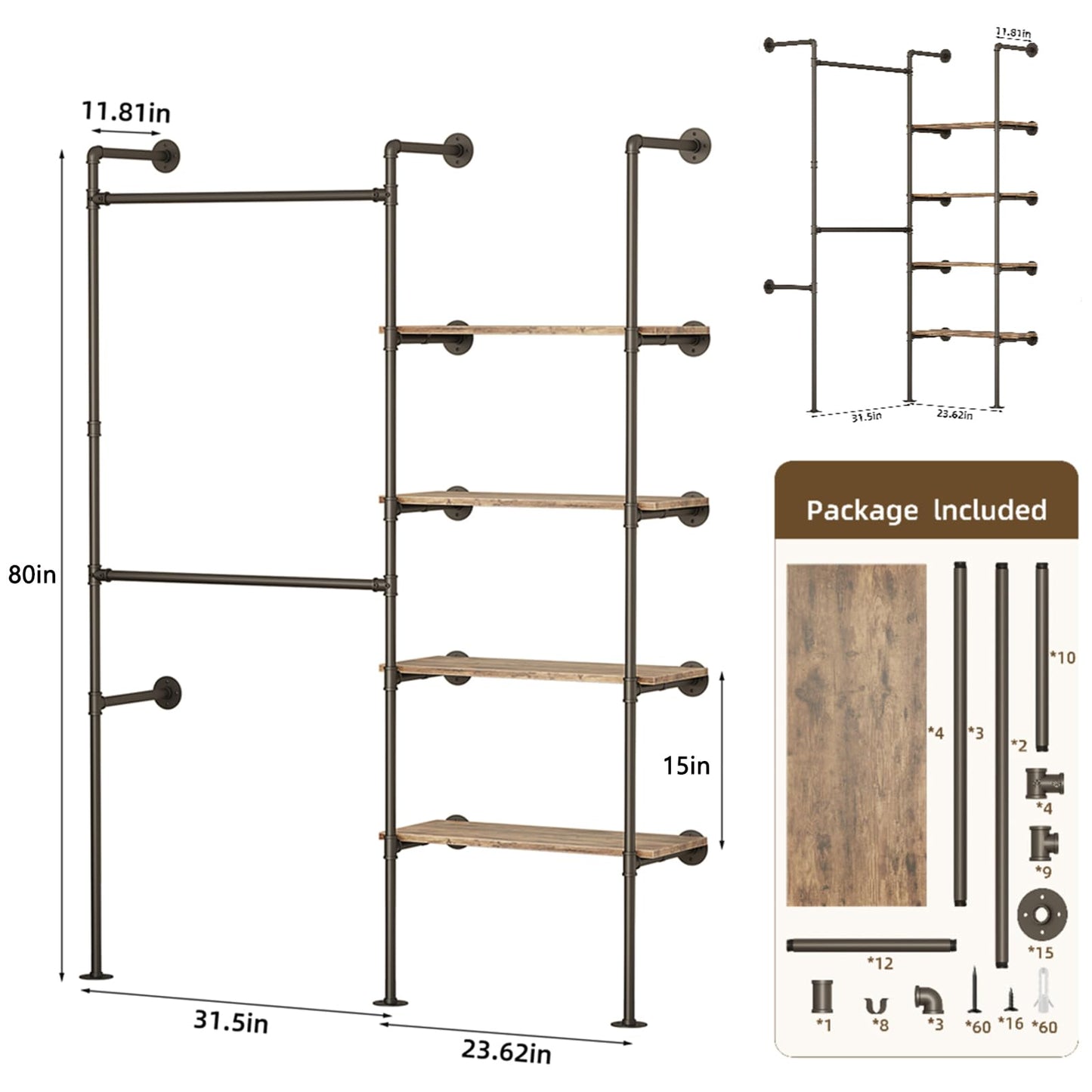 DABILONGC Industrial Pipe Clothing Rack, Heavy Duty Adjustable Garment Hanger with Shelves, 2 Installation Methods Closet Storage System for Wardrobe Organization (Black, 80" H x 55" W)