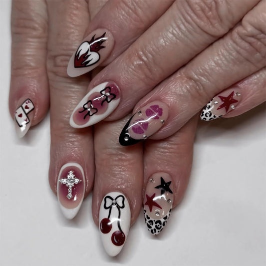 BABALAL Medium Almond Press on Nails, Gothic Acrylic Nails with Cross Charm, Heart, Bow and Lips Designs, 24Pcs Glossy Full Cover False Nails Set for Women and Girls