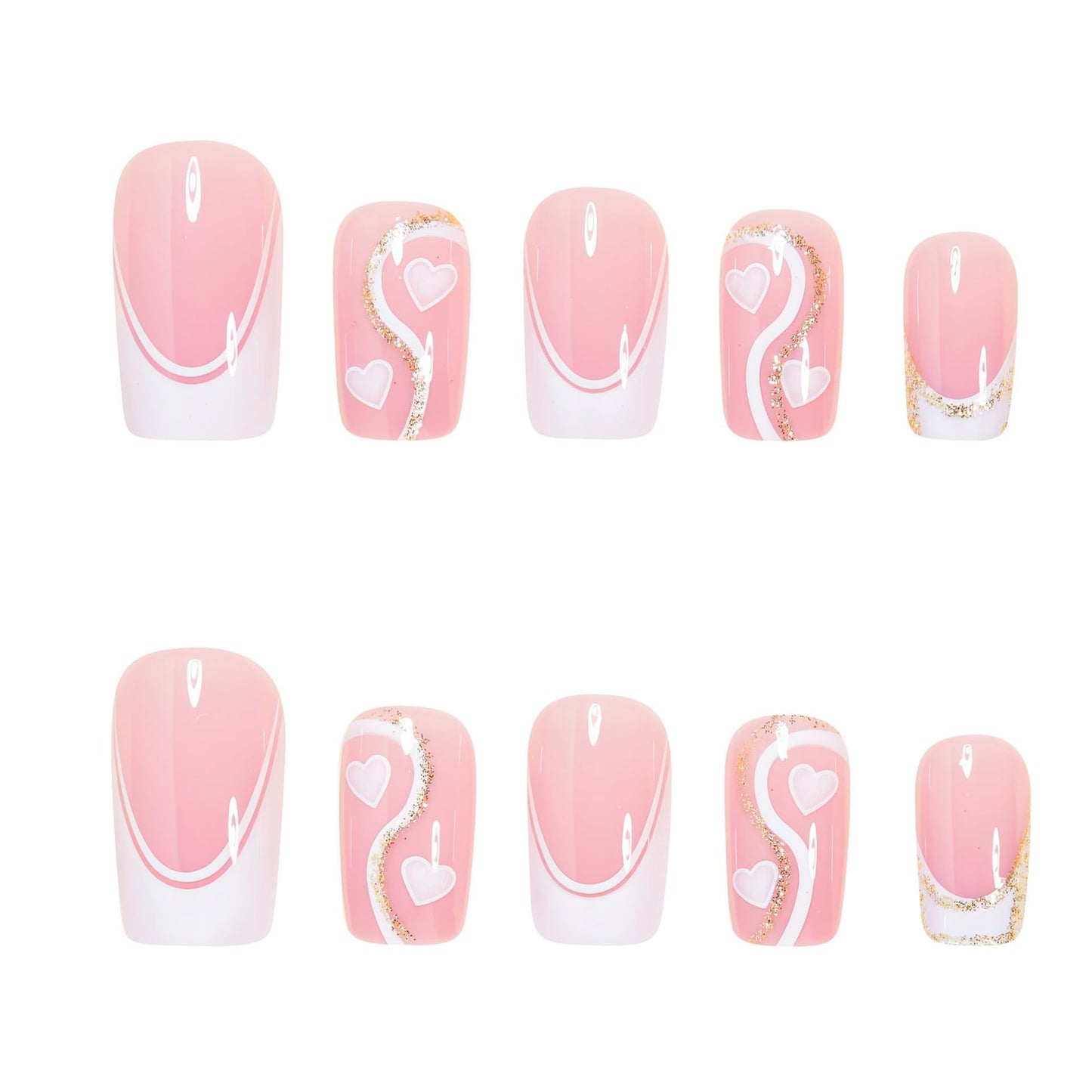 Square Press on Nails Medium - White French Tip Fake Nails with Heart Design - Glitter, Stripes Full Cover Stick on False Nails - fow Women 24 Pcs