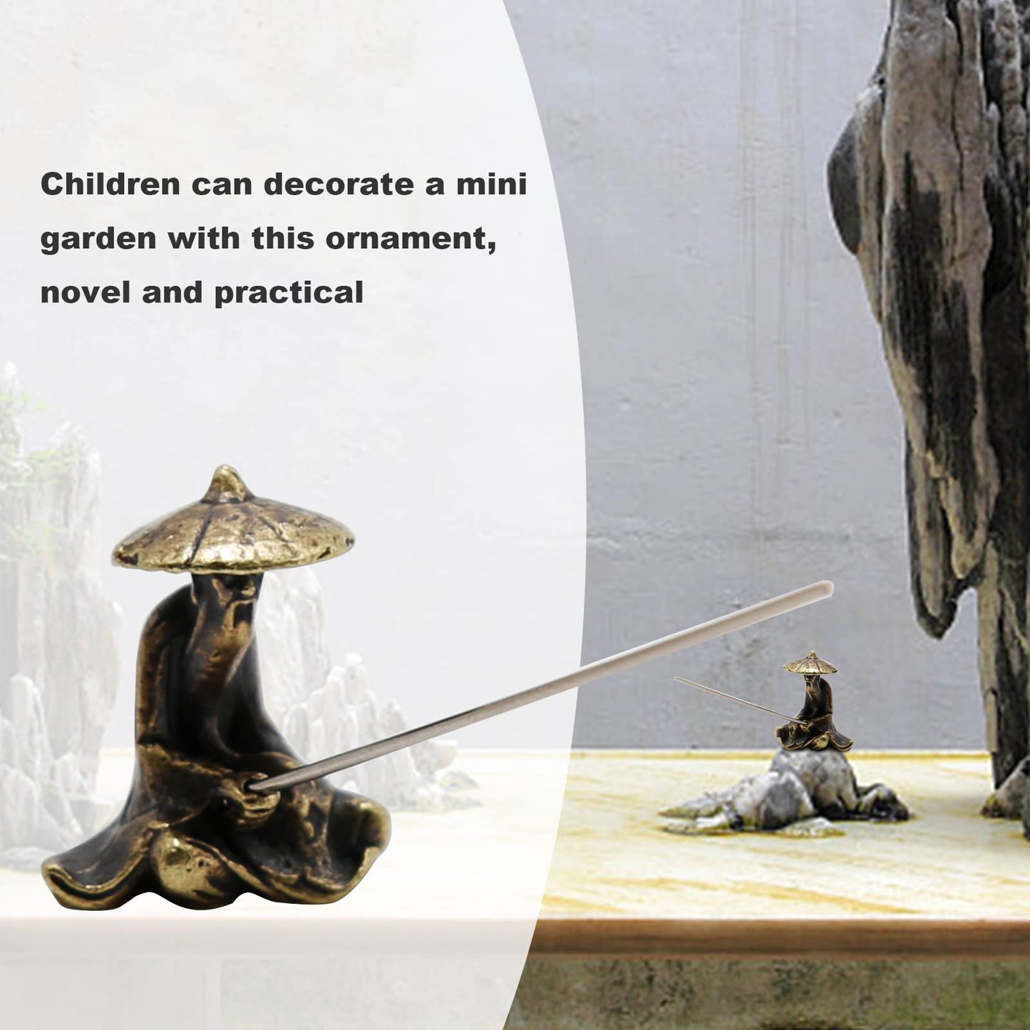 MDEOOSKY 2pcs Miniature Garden Decoration Set, Copper Fisherman Figurines, Kiang Taigong Fishing Models, Chinese Mudman Sitting Fishing for Garden & Patio Micro Landscape Yard Bonsai Decoration