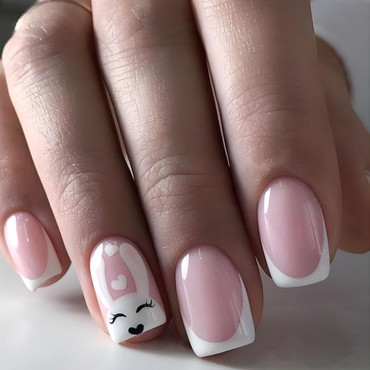 Easter White French Press on Nails Short Square fake Nails Cute White Rabbit False Nails with French Design Stick on Nails for Women Girls Manicure Decoration 24 pcs