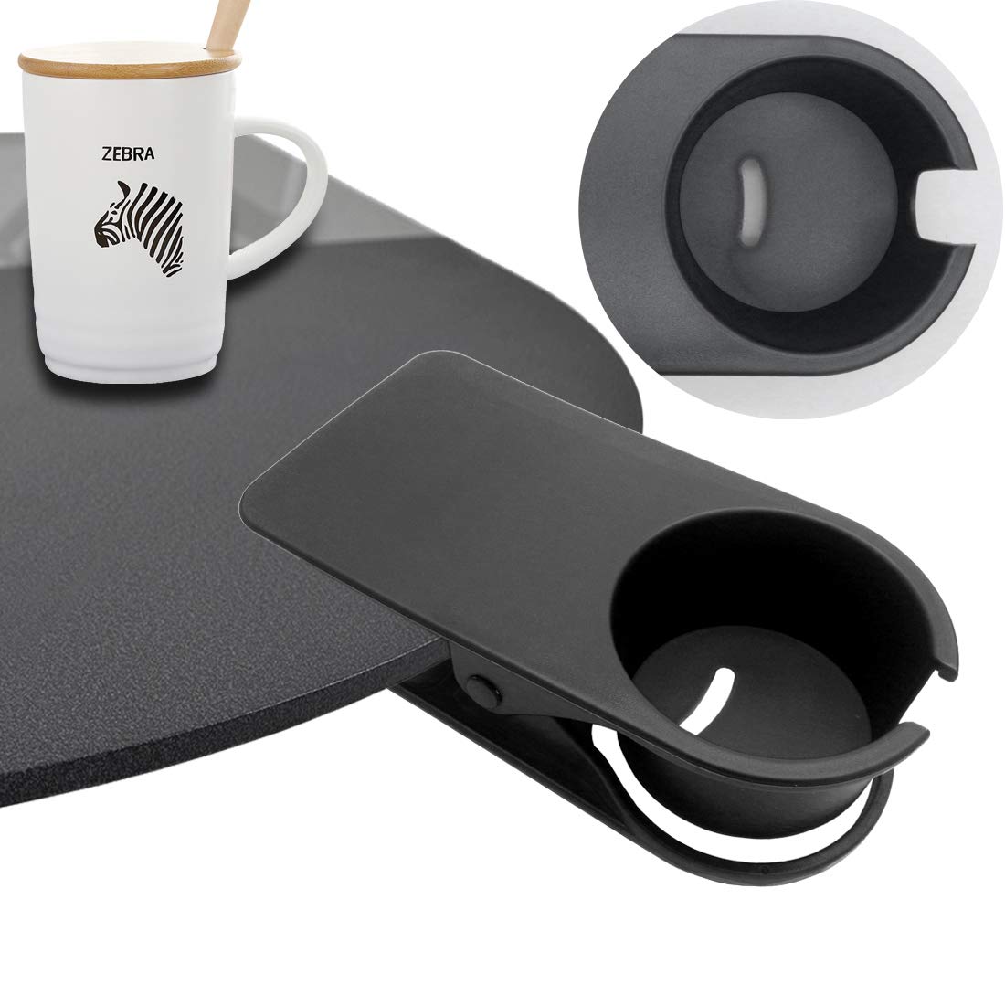HOLLIHI 2PCS Drink Cup Holder Clip - Table Desk Side Water Glass Beer Bottle Tumbler Beverage Soda Tea Coffee Mug Holder Cup Saucer Clip Design for Home Office, Black