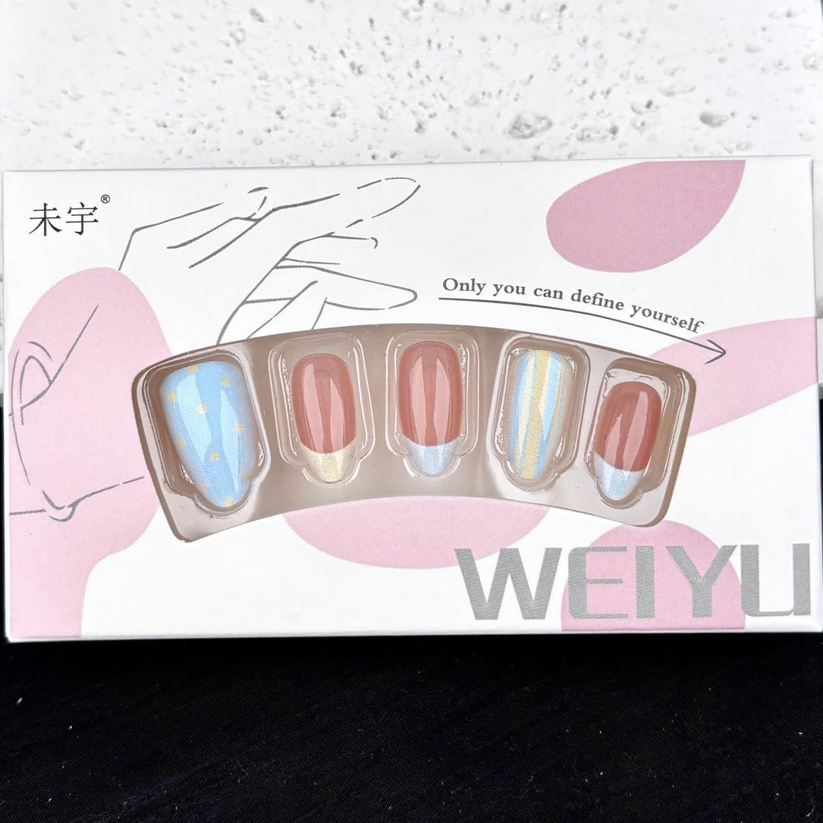 Short Almond Press On Nails - French Tip with Polka Dot & Striped Design, Light Blue Yellow Shades, 30Pcs - Cute, Reusable