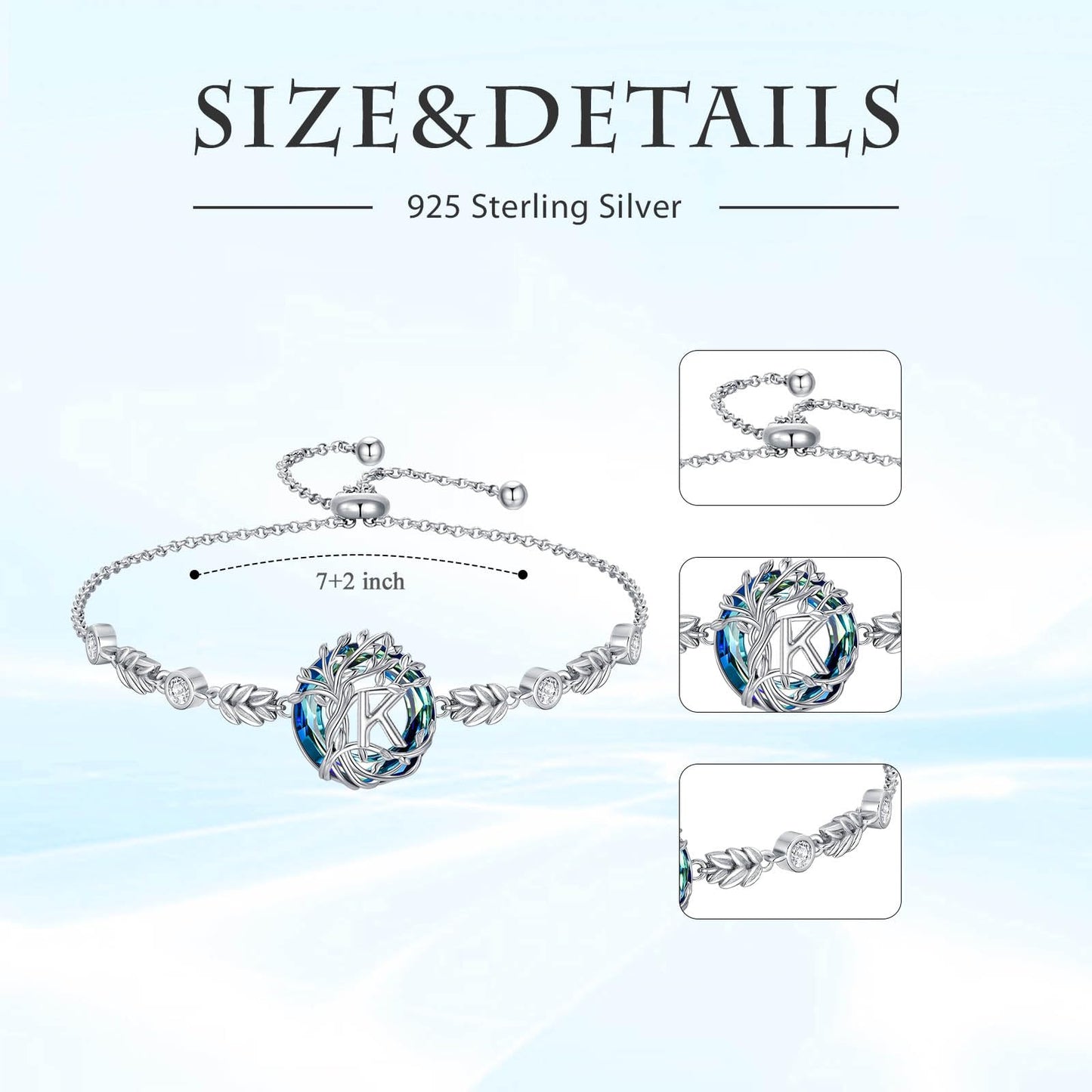 TOUPOP Tree of Life Initial Bracelet Sterling Silver Initials K Letter Link Bracelets Blue Circle Crystal Family Tree Birthday Mothers Day Jewelry Gifts for Women Mom Wife