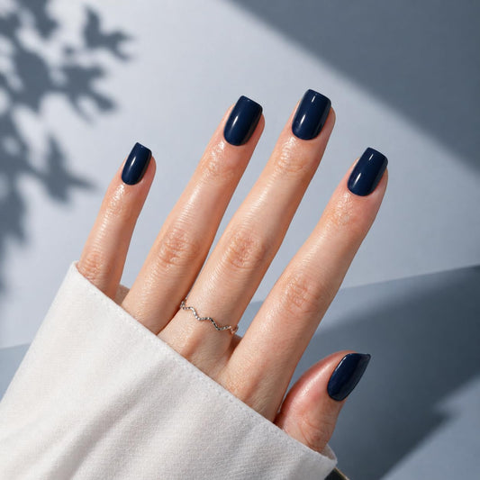 LAHUYA Press On Nails – Navy Blue | Nail Artist Designed Short Squoval Fake Nails with Glossy Navy Blue Finish, Reusable Press On Nails in 15 Sizes – 30 Nails Kit with Glue