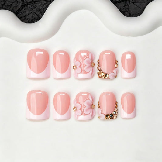 10pcs Press on Nails Flowers Handmade White French Tip Fake Nails with 3D Flower & Gold Rhinestone Designs Short Square Muti-Layer Gel Acrylic Nail Full Cover Thick Stick on Nails for Women (M)