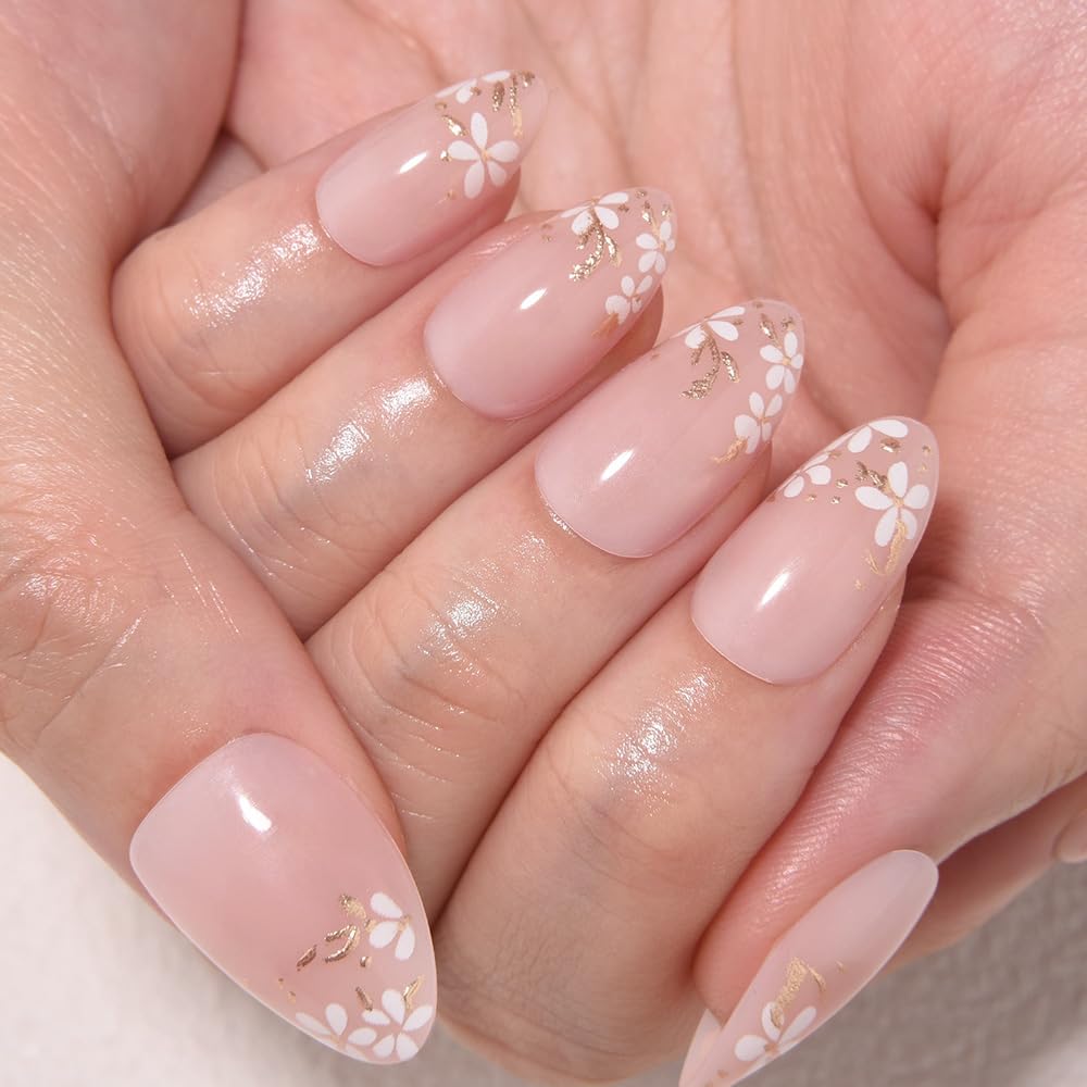 evpct 3D Nude Pink Press on Nails Short Almond No Glue with Gold White Flower Design, Short Almond Stick on Nails for Women Gift with Kit, Reusable Soft Acrylic Press on Fake Nail with Floral Design