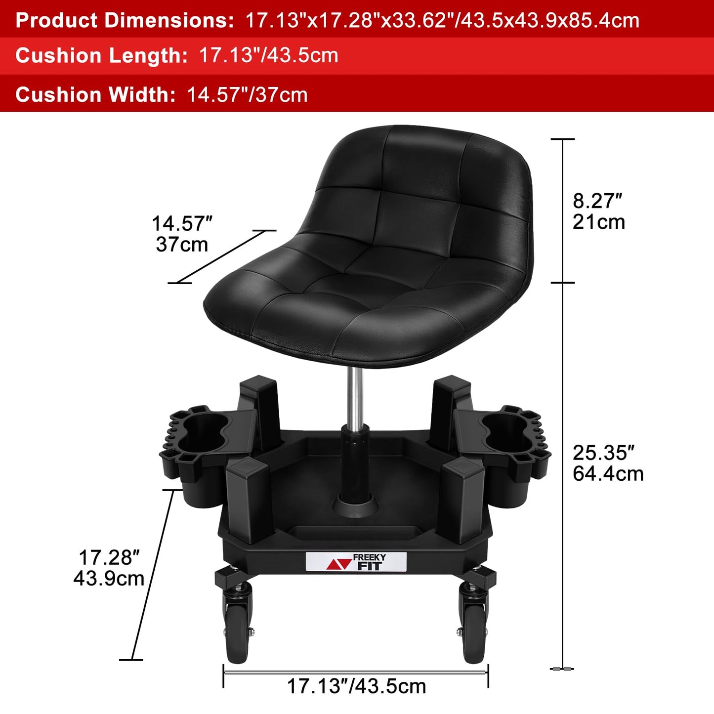 FreekyFit Rolling Stool with Wheels, Adjustable Shop Stool Mechanic Seat, Garage Shop Roller Work Chair, Mobile Rolling Seat with Tool Tray, 2 Cup Holders, 4" Casters, 350 LBS, Heavy-Duty, Black