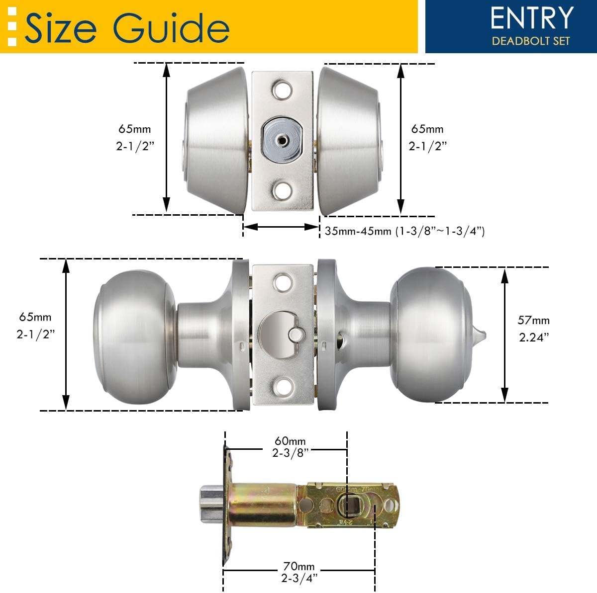Brotima 3 Pack Keyed Alike Entry Door Knob and Deadbolt Set, Satin Nickel Double Cylinder Deadbolt Lock Set, Round Style Door Knobs Deadbolt for Exterior/Front Door