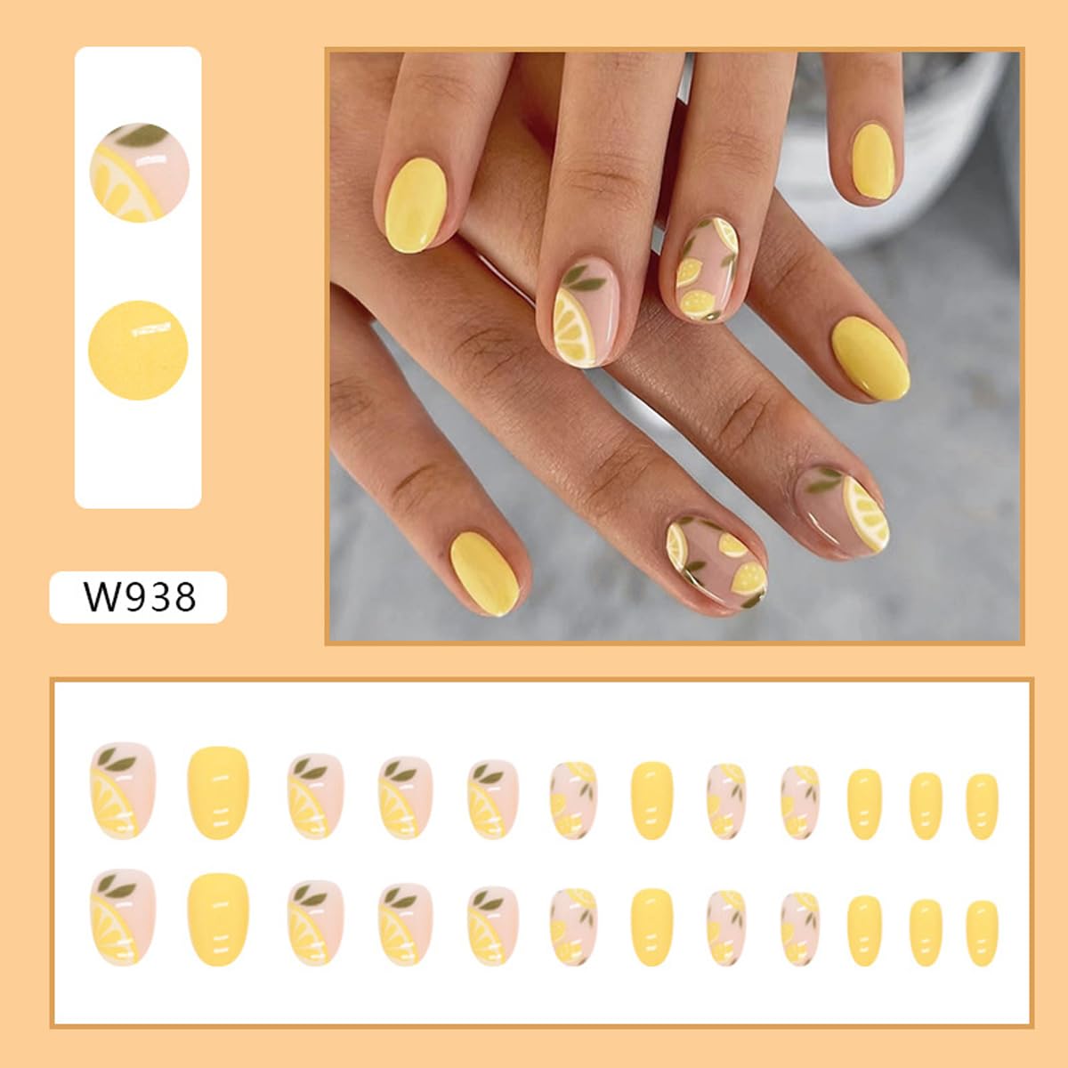 Summer Lemon Press on Nails Short Oval Fake Nails Yellow False Nails Press ons with Design Reusable Artificial Nails Glossy Full Cover Glue on Nails Stick on Nails for Women Girls Manicure 24Pcs