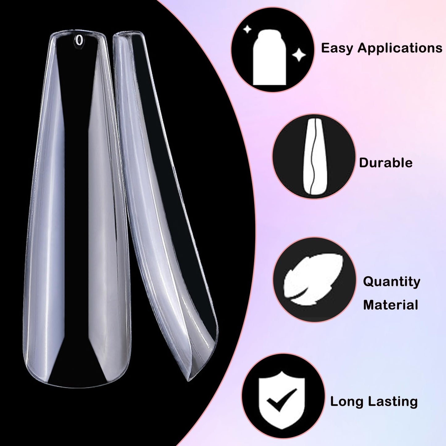 LoveOurHome XL Coffin Acrylic Nail Tips, 240pc Ballerina Shaped, Full Cover Artificial Fingernails, ABS Material, 12 Sizes for Women & Girls Nail Extension