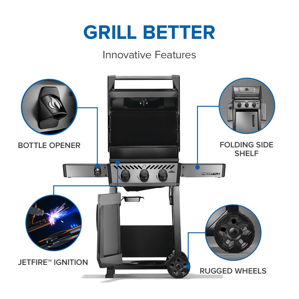 Napoleon Freestyle 365 Propane Gas Outdoor Grill, Graphite Grey – 3-Burner BBQ with Stainless Steel Cooking Grates