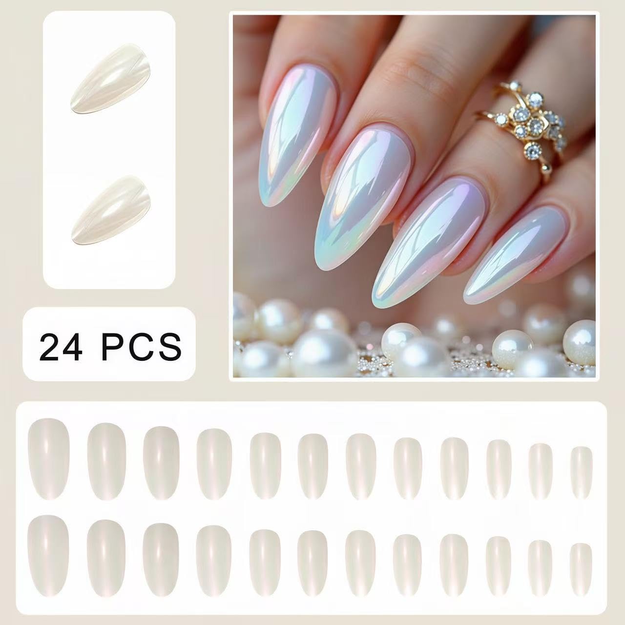 Pearl White Electroplated Press on Nails SHIQIXIANNV Almond Fake Nails Metallic Mirror False Nail Design Aurora White Glossy Acrylic Nails for Women Girl DIY Manicure Decoration 24Pcs