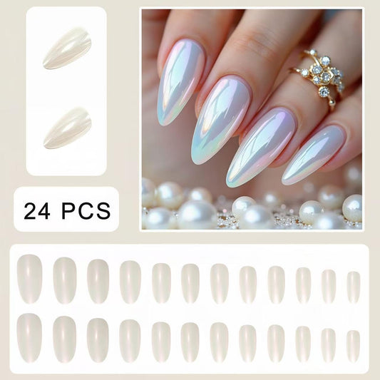 Pearl White Electroplated Press on Nails SHIQIXIANNV Almond Fake Nails Metallic Mirror False Nail Design Aurora White Glossy Acrylic Nails for Women Girl DIY Manicure Decoration 24Pcs
