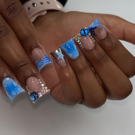IMRAIN Press on Nails Medium Duck Fake Nails Blue French Tip False Nails with Rhinestone Design Stick on Nails for Women