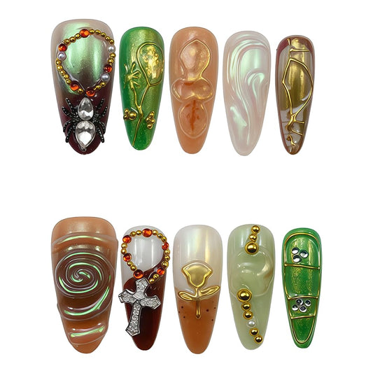 WZHAOJUN Handmade Press On Nails,Medium Presson Nails For Women,10pcs Abs Material Fake Nails With Colorful Designs-Reusable Glue On Hand Made Nails For Party Wedding(10Pcs Size M)