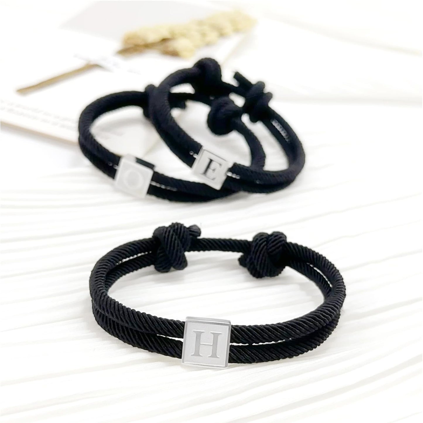 BHDJSHX Stainless Steel Initial Bracelet for Men - Adjustable Black Braided Cord with A-Z Letter (7-13 Inches) - Unisex Jewelry for Brothers, Son, Boyfriend, or Girlfriend(S)