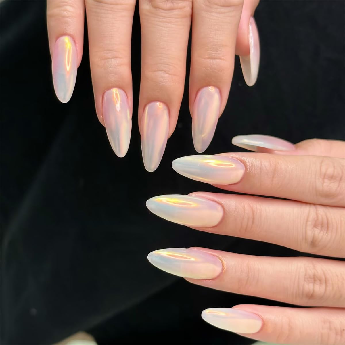 30Pcs Almond Press On Nails - Supremely Fit & Natural Soft Gel Almond Nails,15 Sizes, Reusable Fake Nails Kit with Gift Box for Women (Champagne)