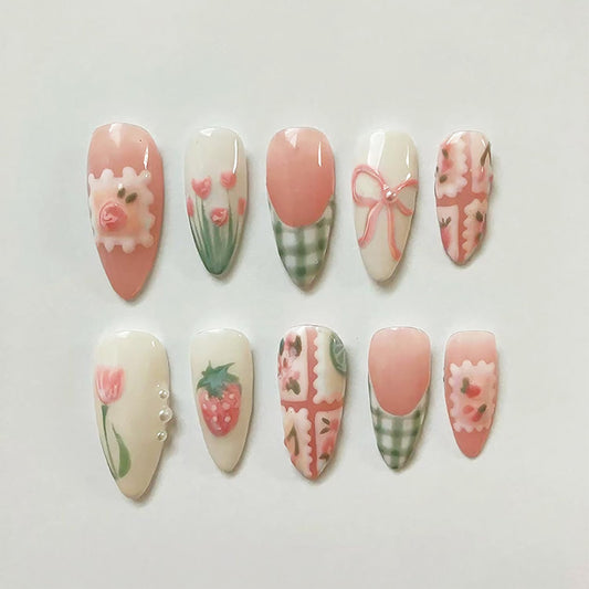 30Pcs Spring Press on Nails Medium Almond Fake Nails with Small Flower Strawberry Full Cover Cute Glue on Nails Green French Tip False Nails Bow Acrylic Nails Pink Artificial Stick on Nails for Women