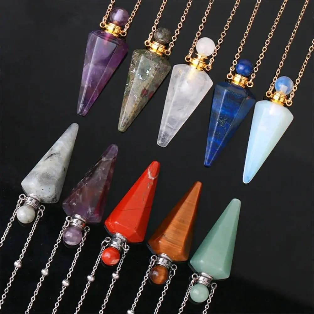 925 Sterling Silver Essential Oil Necklace For Women And Men, Natural Crystal Stone Cone Shape Pendant Necklace Healing Perfume Bottle Necklace Essential Oil Pendant Necklace (7 - Essential Oil Necklace)