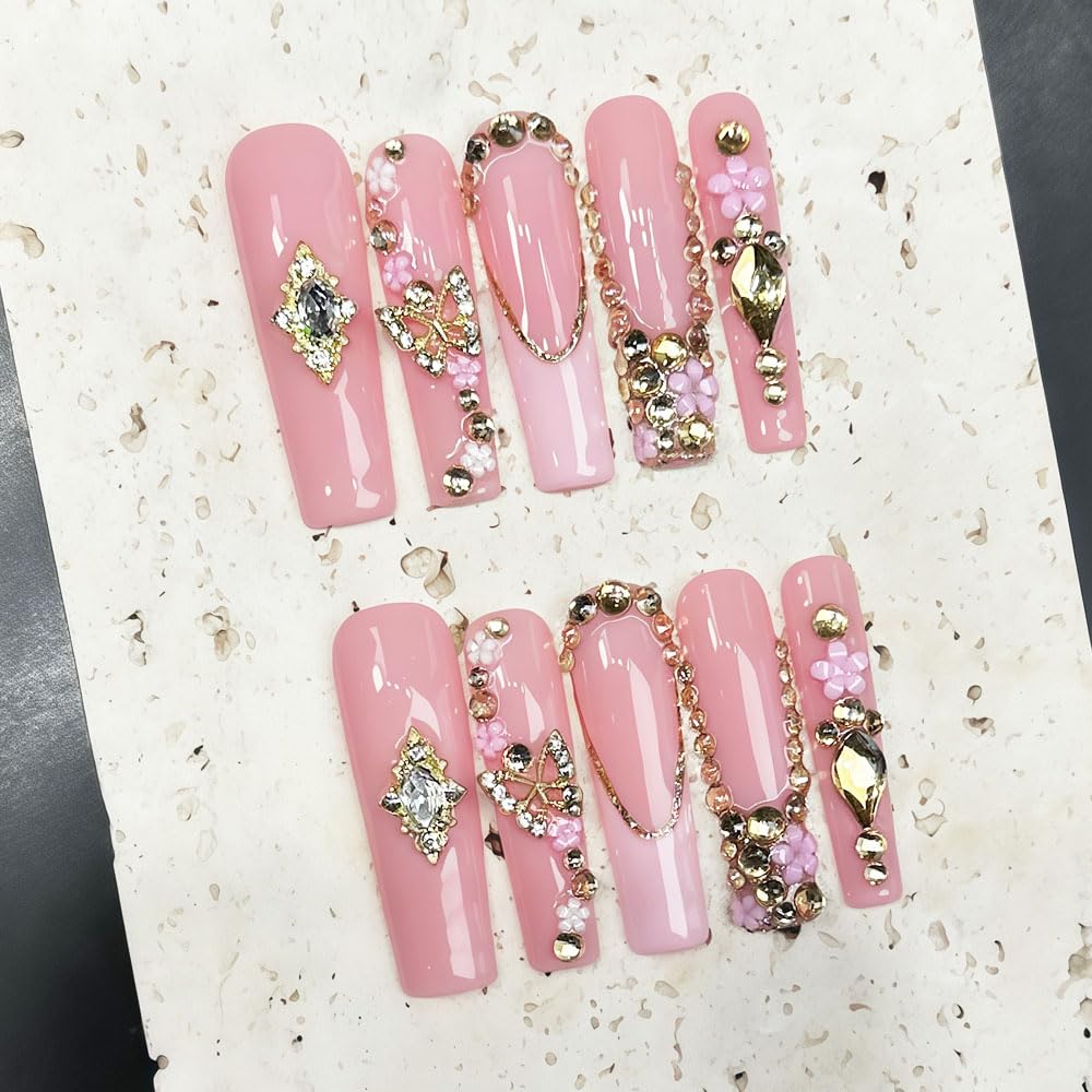 Luxury Handmade Press on Nails Long Square Fake Nails Summer Pink Press Ons with Rhinestones Flowers Design Reusable False Nails Full Cover Stick on Nail for Women Manicure 10Pcs (Size M)