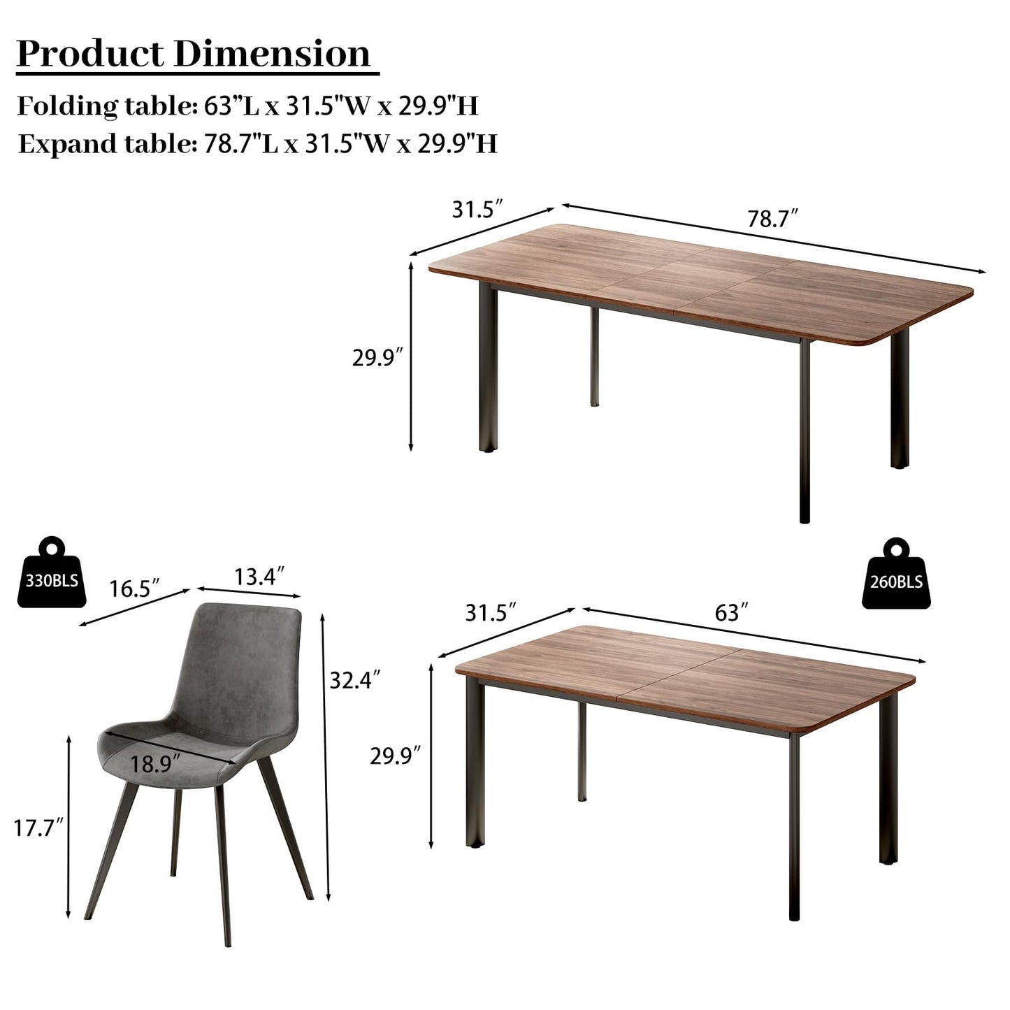 HIPIHOM 63"- 78.7" Extendable Dining Table Set for 6, Modern Kitchen Table with 6 PU Leather Chairs, Thickened Expandable MDF Wooden Table with Metal Legs for Dining Room, Kitchen, Living Room