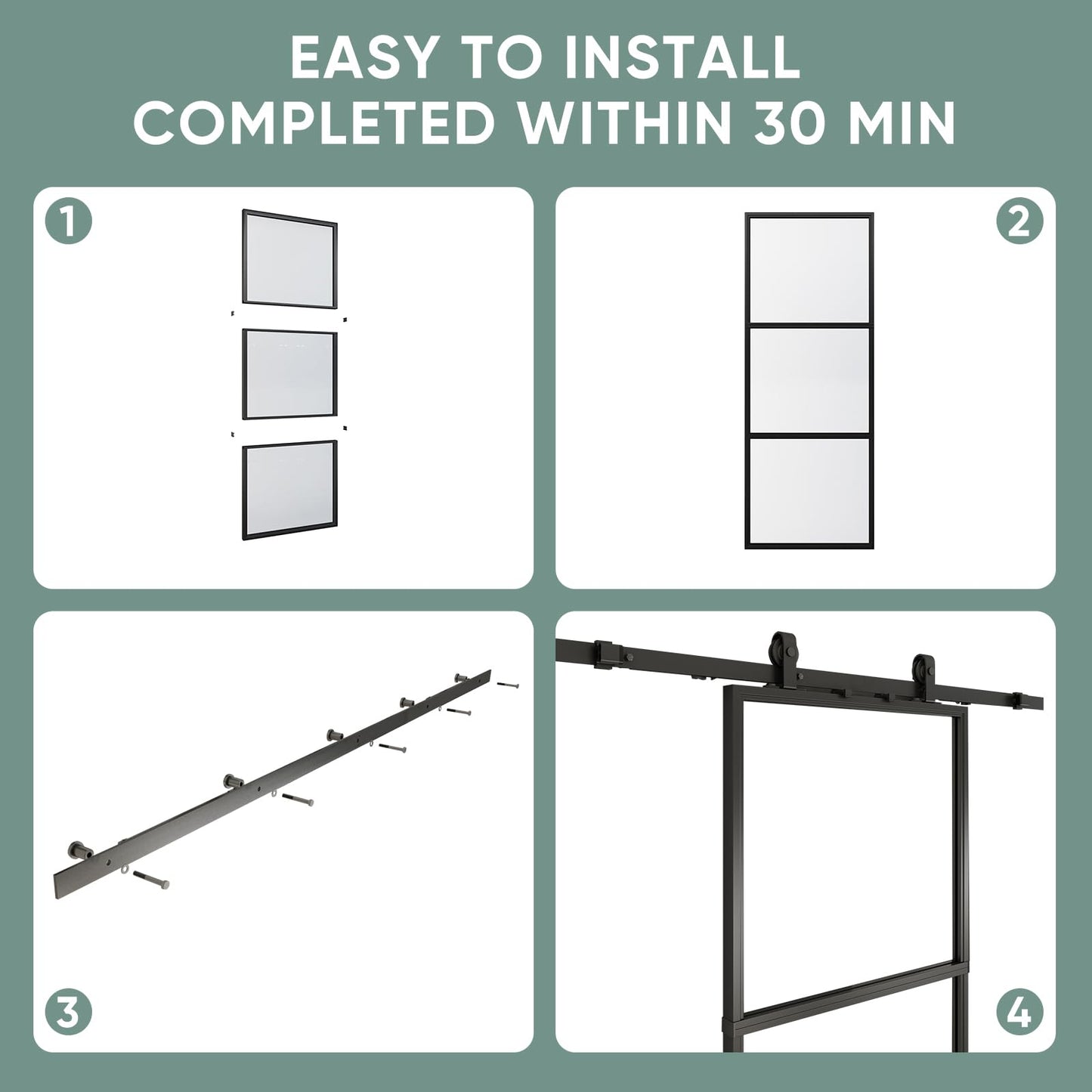 JUBEST 42in x 96in Glass Barn Door, Clear Tempered Glass Carbon Steel Pre Drilled Frame Sliding Barn Door Panel with 7FT Hardware Kit and Soft Close, Easy to Install